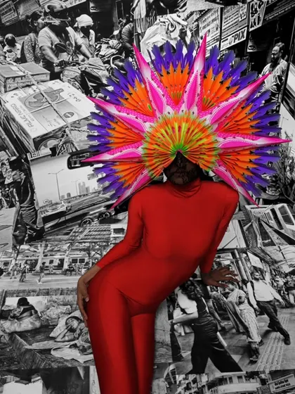 A close-up from "The Stars of a Quiet Struggle," focusing on the contrast between the vibrant red fashion and the detailed black-and-white street photography background.