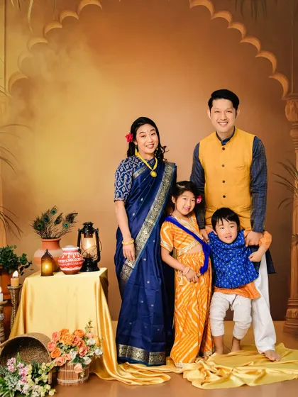 A beautiful family portrait showcasing traditional Indian attire. I love capturing these culturally rich moments for families to cherish.
