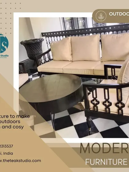 An advertisement graphic showcasing our modern outdoor furniture. The image features a classic black wooden sofa with comfortable beige cushions, designed to make your outdoor spaces feel warm and cozy.