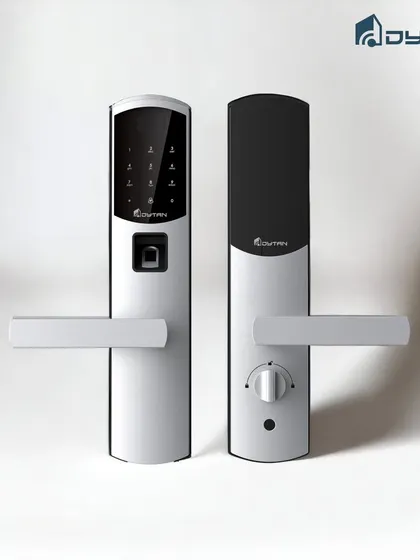This smart door lock combines a fingerprint sensor, passcode entry, and a traditional handle in a stylish silver and black finish, offering next-level convenience and security.