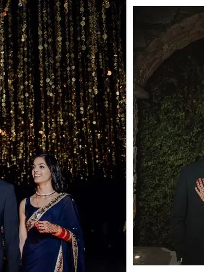 A collage showing the couple's entrance under the shimmering ceiling and a portrait shot, highlighting the romantic atmosphere created by the decor.