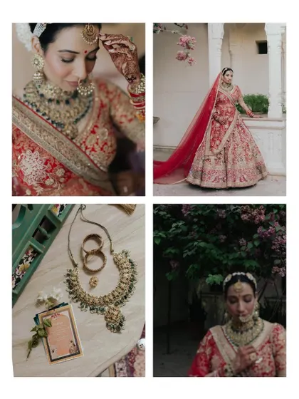 A collage of bridal details, including close-ups of her jewelry, her getting-ready portraits, and her stunning Rimple and Harpreet lehenga.