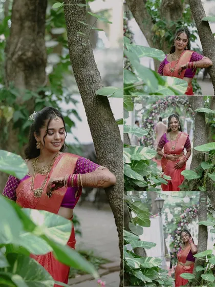 A lovely collage of the bride in a natural, green setting. The different angles and expressions show her joy and serenity, capturing her beauty amidst nature on her wedding day.
