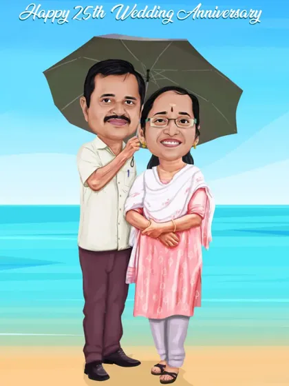 Celebrating a silver jubilee! This 25th wedding anniversary caricature shows the couple enjoying a moment on the beach, a perfect gift to commemorate years of love and togetherness.