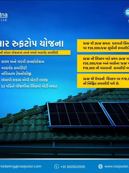 This poster, written in Gujarati, explains the 'Solar Rooftop Yojana' (scheme). It details the subsidy amounts for different system sizes, making the information accessible to local customers.
