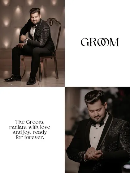 A collage dedicated to the groom, Gaurav. His stylish portraits, both seated and standing, showcase his sharp tuxedo and confident, joyful demeanor.