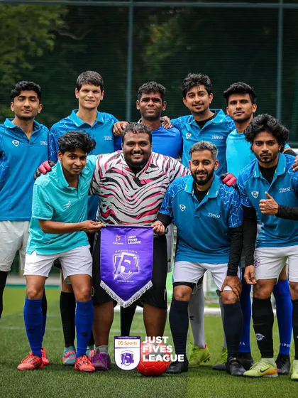 A corporate team proudly poses with our Just Fives League pennant. It’s a great memento of their participation and a symbol of their team spirit.