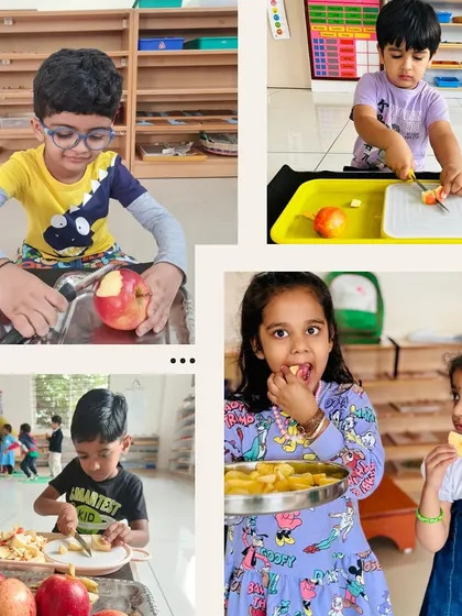 Our little chefs are busy with an apple-cutting activity. This hands-on work not only strengthens their hand muscles for writing but also teaches them patience and precision. The best part is getting to taste the fruits of their labor.