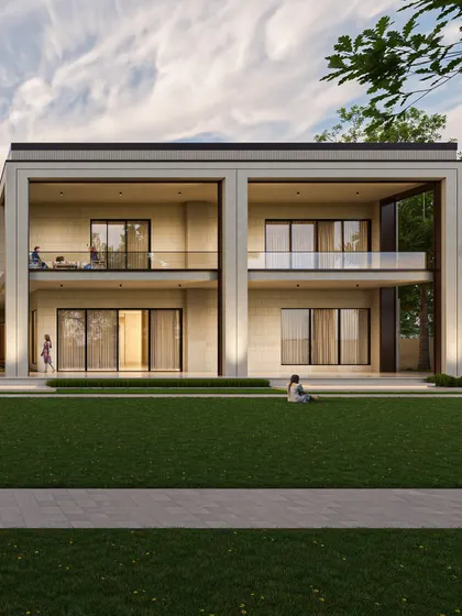 This upcoming farmhouse design is a study in symmetry and minimalism. The facade is centered around a striking central mass with a hidden spiral staircase, flanked by two symmetrical wings with expansive balconies that open to the lawn.