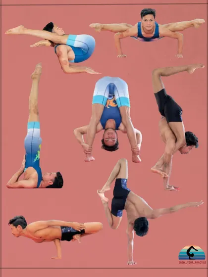 Here’s a glimpse of the variety in my practice, from powerful arm balances to deep stretches and inversions. Each pose is a skill we can build together through daily effort.