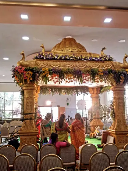 Another view of the peacock mandap, showing how it commands the space within the wedding hall, ready for the ceremony.