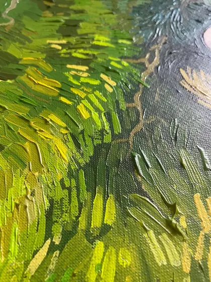 A close-up of the vibrant green grass and trees from 'Colorful Lake', showing the short, energetic brushstrokes characteristic of my Van Gogh-inspired style.
