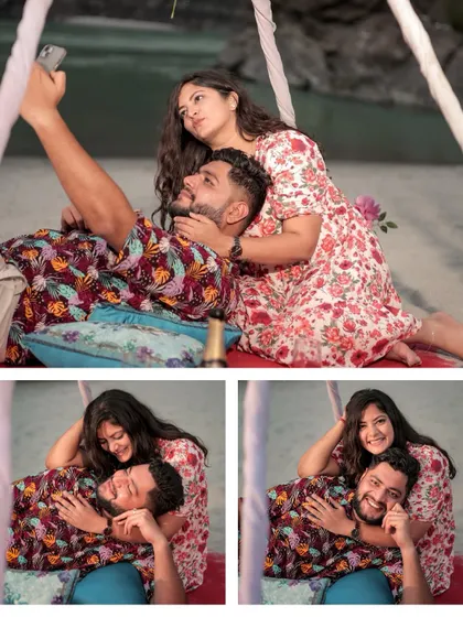 Fun and candid moments from the beach picnic, including the couple taking a selfie and sharing a laugh.