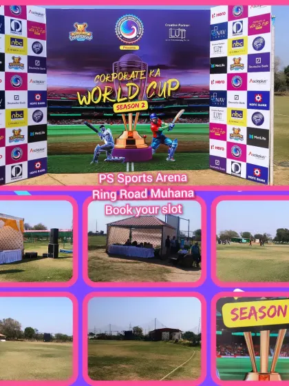 We are the top choice for major corporate cricket tournaments in Jaipur. This collage shows the setup for the 'Corporate Ka World Cup', highlighting our capacity to host large-scale, professionally managed events.