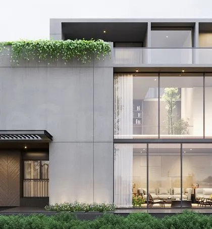 A duplicate of ID 59, this rendering highlights the interplay of solid concrete panels, extensive glass, and cascading greenery. Our residential prototypes are designed to be both aesthetically striking and highly livable.