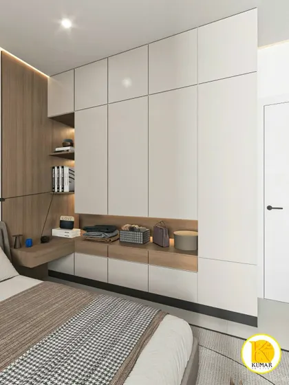 This bedroom features a wardrobe with an integrated open-shelf unit, perfect for books or display items.