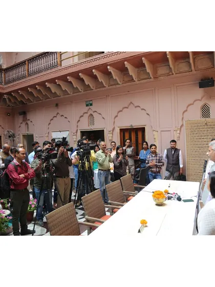 A press conference held in the courtyard of the Golden Haveli. The restored space itself served as the perfect backdrop to discuss the importance of adaptive reuse in urban heritage zones.