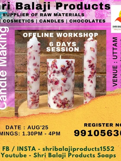 My professional candle making workshop is designed to help you learn and earn. This poster highlights the 6-day session where we cover everything from making to marketing your products.