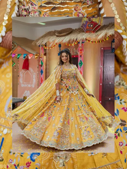 The bride twirls in her magnificent yellow lehenga, showcasing the outfit's beautiful details and movement.