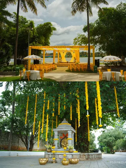 A collage showing the beautiful yellow-themed decor for a Haldi ceremony at Moongate, from the mandap to the floral arrangements on the trees.