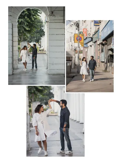 A playful, candid collage of a couple dancing and walking through the white corridors of Connaught Place, capturing the fun and spontaneity of their relationship.