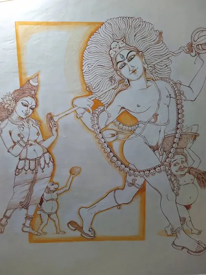 A mural of Bhikshaatanar, the eternal beggar form of Shiva. He walks jovially, with one foot in the world and one in Maya, reminding us that he is the one who knocks on our inner door, calling out our woes and inviting faith within.