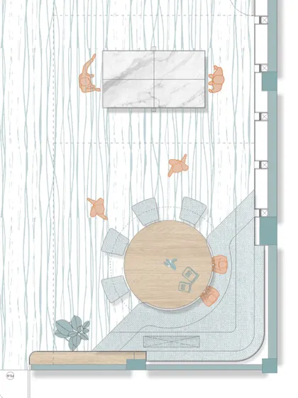 A closer look at the floor plan for the pantry and recreation area, designed to merge seamlessly. This encourages social interaction and provides a space for employees to recharge away from their desks.
