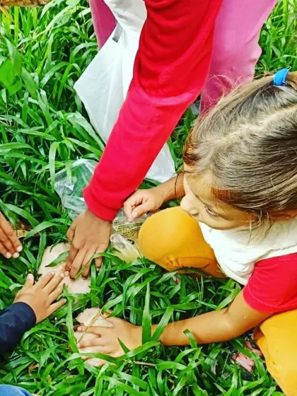 Discovering fungi in the grass. Children gather around to gently touch and examine the mushrooms, a moment of shared curiosity during our exploration of Cubbon Park.