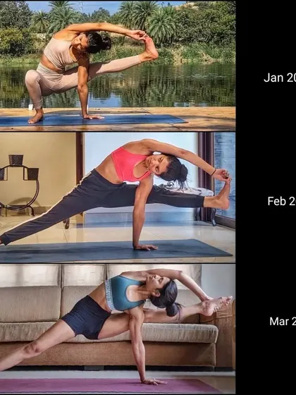 Tracking my progress in Visvamitrasana, an advanced arm balance and stretch. This pose requires shoulder strength, core stability, and hamstring flexibility, all of which developed over time.