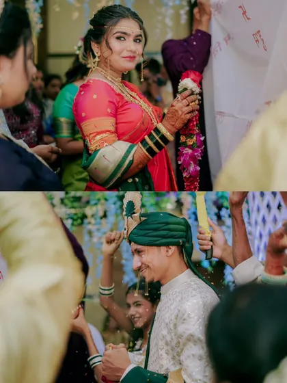 The bride and groom's entrance, a moment filled with anticipation and joy. The candid smiles show the excitement of the ceremony about to begin.