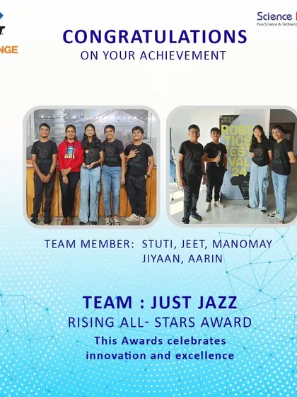 Team Just Jazz proudly accepts the Rising All-Stars Award at the FLL Challenge. This award celebrates their innovation, dedication, and teamwork, marking them as a team with a bright future.