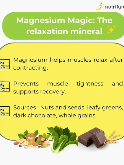 Magnesium is the relaxation mineral. It helps muscles relax after contracting, preventing tightness and supporting recovery. I list food sources like nuts, seeds, and leafy greens.