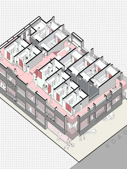 This axonometric drawing of 'Coilspace' shows how circulation space becomes social space. A continuous ramp allows inhabitants to cycle up to their rooms, transforming the corridor into an active, shared zone.