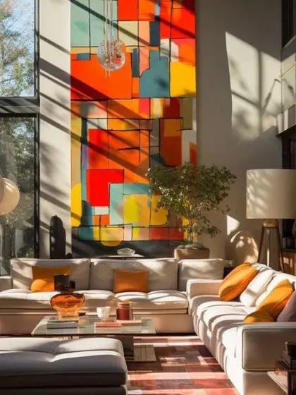 A collection of our vibrant, large-scale abstract commissions shown in various contemporary living spaces. Each piece is tailored to the room's architecture and color scheme, demonstrating the versatility of our custom art services for modern interiors.