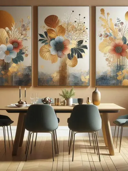 A set of three floral paintings designed to bring elegance and warmth to a dining area. We can create custom triptychs in various styles and color palettes, like these modern botanicals with gold accents, to perfectly suit your space.
