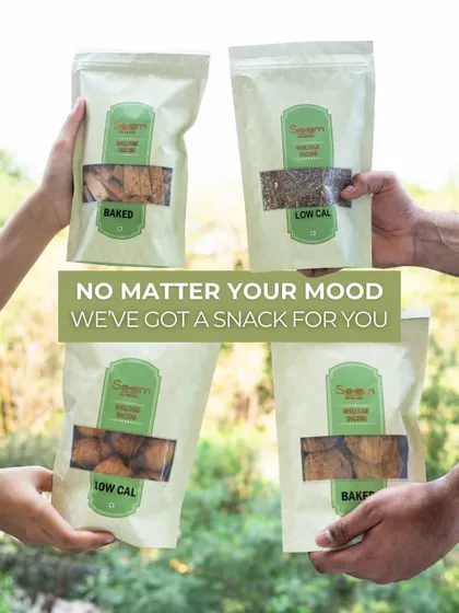 No matter your mood, I've got a snack for you. This image shows four of my wholesome snack pouches, including baked and low-calorie options, perfect for guilt-free cravings.