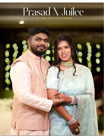 A classic portrait with a modern text overlay. This photo is perfect for announcements, capturing the couple's happy and composed look.