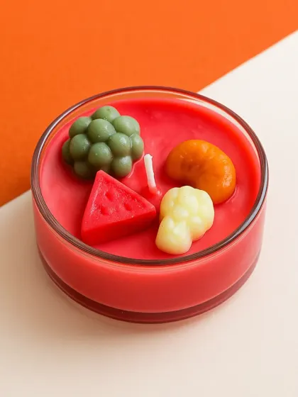 A close-up of a single Scented Tealight Tartlet. You can see the little wax watermelon, orange, and grape details that make these candles so unique and playful.