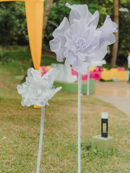 A close-up of the delicate, oversized paper flowers we used to add a touch of whimsy and artistry to the Mehendi decor.