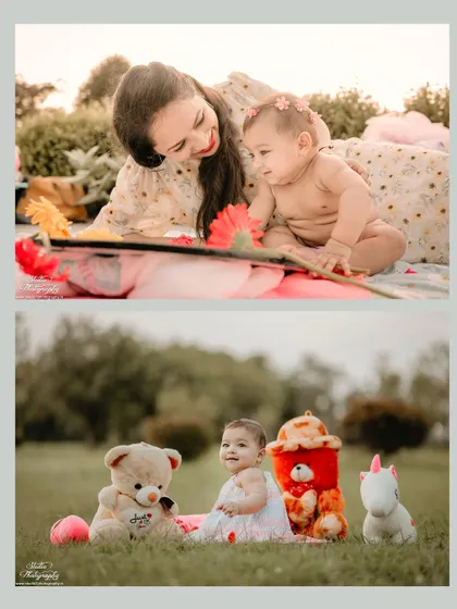 This collage shows the variety possible in a single outdoor session. The top photo captures a sweet, candid moment between a mother and her baby, while the bottom photo is a playful portrait of the baby sitting with her favorite stuffed animals.
