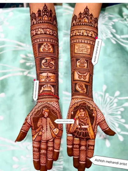 This design combines a classic bride and groom portrait with traditional symbols like the kalash and palace architecture.