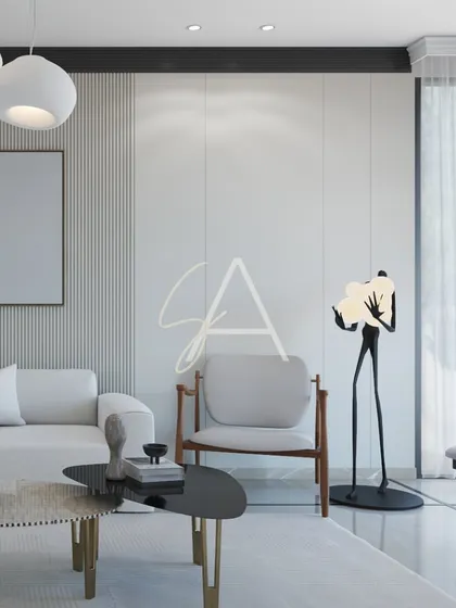 I love incorporating unique pieces like this sculptural floor lamp. It acts as a piece of art, adding personality and a talking point to this minimalist and sophisticated lounge area.
