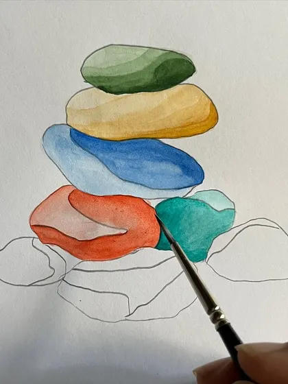 A look at the stacking stones painting in progress. I enjoy the process of slowly adding color and shadow to bring simple shapes to life.
