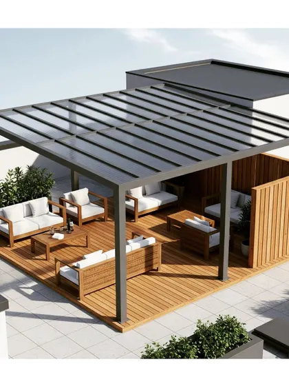 A 3D render of a large, modern pergola with a glass roof, covering a spacious wooden deck. This design is perfect for creating an expansive, light-filled outdoor living and dining area.