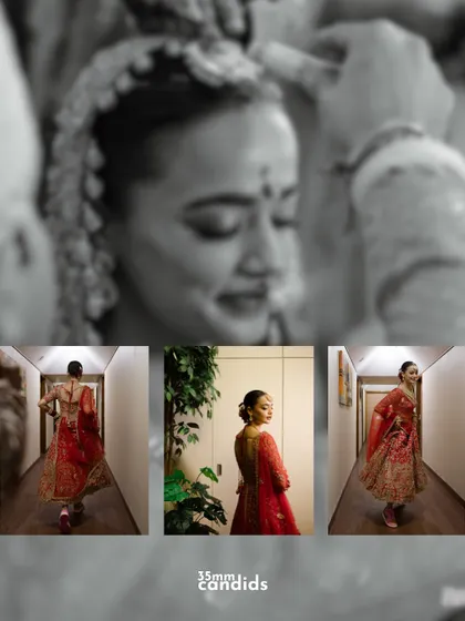 A collage of black and white bridal moments, from a close-up of a blessing to playful, candid shots of her running down a hallway. It shows the many sides of a bride on her wedding day.