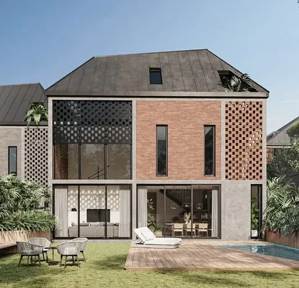 The houses in our Kolgaon Masterplan were developed as a three-dimensional patchwork of materials. The facade uses locally sourced brick, both as solid walls and as perforated screens, to create texture and allow for natural ventilation.