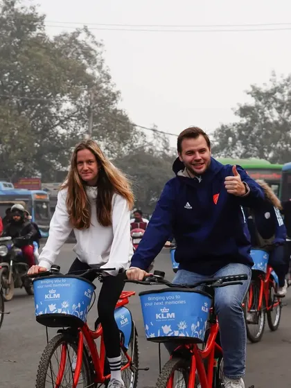 A thumbs-up from a happy rider. We love seeing our guests from around the world enjoying the unique experience of cycling through Delhi's streets.