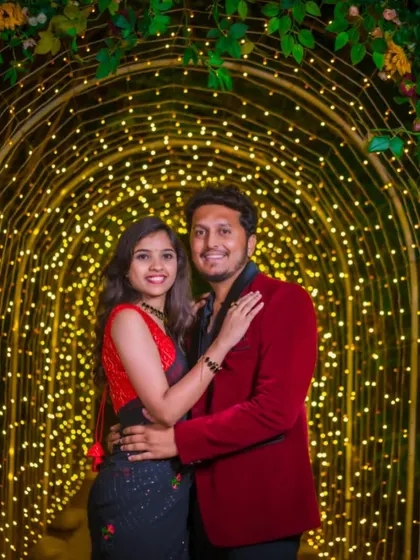 This lovely couple at their pre-wedding shoot. She is wearing a chic black embroidered saree, a modern and elegant choice from our rental collection.