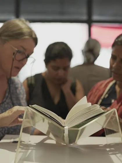 Visitors engaging with the "Mindscapes" exhibition, reading the stories and sharing a moment of reflection. We aim to host art that sparks dialogue and connection.