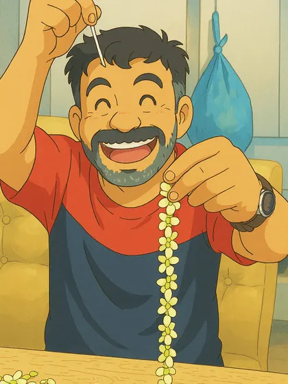 The happy face of a craftsman in our Ghibli-inspired world, carefully stringing flowers. It represents the love and artistry my team pours into every floral arrangement.